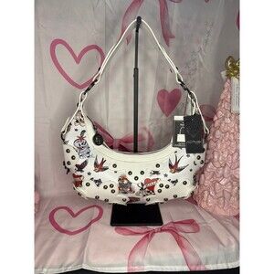Ed Hardy White Shoulder Bag- Studs Red Heart  Tattoo Print Handbag
